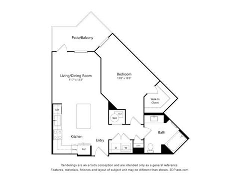 Floor plan for 1 bed, 1 bath, 783 sqft